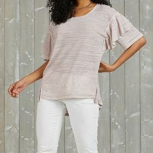 Taupe Raw Edge Ruffle Sleeve Scoop Neck Tunic Tee T-shirt XL New
